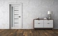 Empty bright modern minimalistic interior with drawer and door, wooden floor Royalty Free Stock Photo