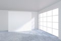 Empty bright office room with large billboard. Light ray on wall. 3D Rendering