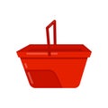 Empty bright red bucket with handle. Plastic container for carry liquids. Flat vector icon of small water pail
