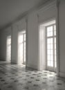 Empty bright room with huge windows. 3d rendering