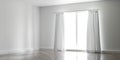 empty bright studio empty room with wood floor and white curtains and bright sun light 3d render illustration Royalty Free Stock Photo