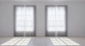 Bright Interior Room with Two Tall White Sheer Curtains and Sunlight Casting Grid Patterns on Wooden Floor Royalty Free Stock Photo