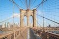 Empty Brooklyn Bridge, central perspective, sunny New York