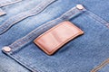 Empty brown leather tag on back pocket of new men blue denim shorts Royalty Free Stock Photo