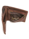 Empty brown leather wallet with coins