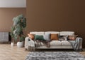 Empty brown wall in modern living room. Mock up interior in contemporary style. Free, copy space for picture, poster Royalty Free Stock Photo