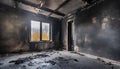 Empty burned room with window. Damaged apartment after house fire, charred walls and ceiling