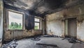 Empty burned room with window. Damaged apartment after house fire, charred walls and ceiling