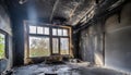 Empty burned room with window. Damaged apartment after house fire, charred walls and ceiling