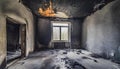 Empty burned room with window. Damaged apartment after house fire, charred walls and ceiling