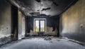 Empty burned room with window. Damaged apartment after house fire, charred walls and ceiling