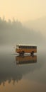Empty Bus Reflecting On Foggy Lake: Minimalist Cinematic Still Shot