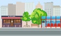 Empty Bus Stop with City Skyline Flat Design Style.