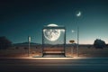 empty bus stop, with the distant sound of night traffic, and a full moon in the sky