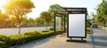 The empty bus stop shelter surrounded by greenery in a modern urban setting. AI generated image Royalty Free Stock Photo