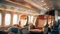 Empty cabin of a private plane with comfortable seats, in flight. luxury airplane interior. This photo was generated Royalty Free Stock Photo