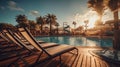 Empty cabins and sun loungers in the water park at sunset