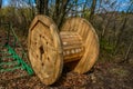 An empty cable reel is left on site. The problem of ecology Royalty Free Stock Photo