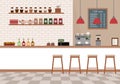 Empty cafe interior. Coffee shop with white bar counter, shelves and equipments. Royalty Free Stock Photo