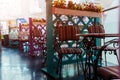 Empty cafe in shopping center. Row of tables with chairs in mall. Modern interior design of restaurant Royalty Free Stock Photo