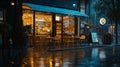 Empty cafe tables under a rain-soaked awning Royalty Free Stock Photo