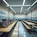 Empty Cafeteria with Rows of Tables and Stacks of Trays dining hall benches Royalty Free Stock Photo