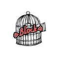 An empty cage for a bird. The black and white silhouette of the cage for the canary and the inscription Block, white