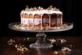 an empty cake stand with small crumbs and icing left Royalty Free Stock Photo