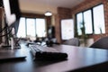 Empty call center reception office with telemarketing equipment