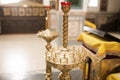 Empty candle holder on religion ceremony in church, blur background Royalty Free Stock Photo