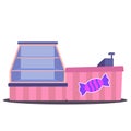 Empty candy store flat vector illustration. Candy shop without people. Candy shop business, candy counter for sweets and