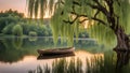 Empty canoe resting under the broad maple tree by a picturesque lake at the break of dawn Royalty Free Stock Photo