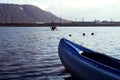 Empty canoe at sunset. canoe on the shore of Long Lake in Norilsk