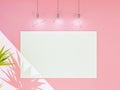 Empty canvas poster frame for mock up on pink wall with lamps, 3D Rendering