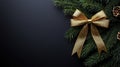Empty Card with Golden Bow Decorated with Pine Branches on Black Background Royalty Free Stock Photo