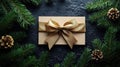 Empty Card with Golden Bow Decorated with Pine Branches on Black Background Royalty Free Stock Photo