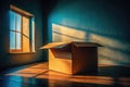 Empty Cardboard Box in a Dark Room Dramatic Window Shadow A Study in LowLight Still Life Photography Royalty Free Stock Photo