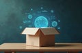 Empty cardboard box with digital hologram global earth, delivery icons shows future of package delivery. Tech innovation