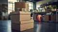 Empty cardboard boxes and packing tape in office corner for employees packing up after layoffs Royalty Free Stock Photo