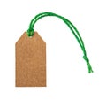 Empty cardboard tag  on a green flax twine isolated on white background. Blank brown paper label on a jute ribbon close-up. Copy Royalty Free Stock Photo