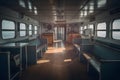 Empty cargo or fishing ferry boat cabin with wooden desk