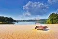 Empty carousel on the sandy beach of Alum Lake Kamencove jezero in Chomutov at the end of the summer tourist season in the Czech Royalty Free Stock Photo