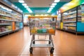 An empty cart awaits customers in a supermarket grocery store scene