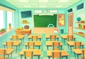 Empty cartoon classroom. School room with class chalkboard and desks. Modern mathematical classrooms interior vector