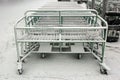 Empty carts outside the supermarket, covered with snow, awaiting customers. The crisis.