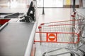 Empty cash desk with closed way border in supermarket Royalty Free Stock Photo