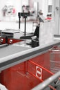 Empty cash desk with closed way border in supermarket Royalty Free Stock Photo