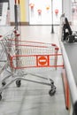 Empty cash desk with closed way border in supermarket Royalty Free Stock Photo