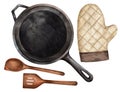 Empty cast iron saucepan, spoon, spatula and potholder