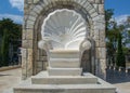 Empty cement throne, seat, ancient decorative architecture, palace, building exterior